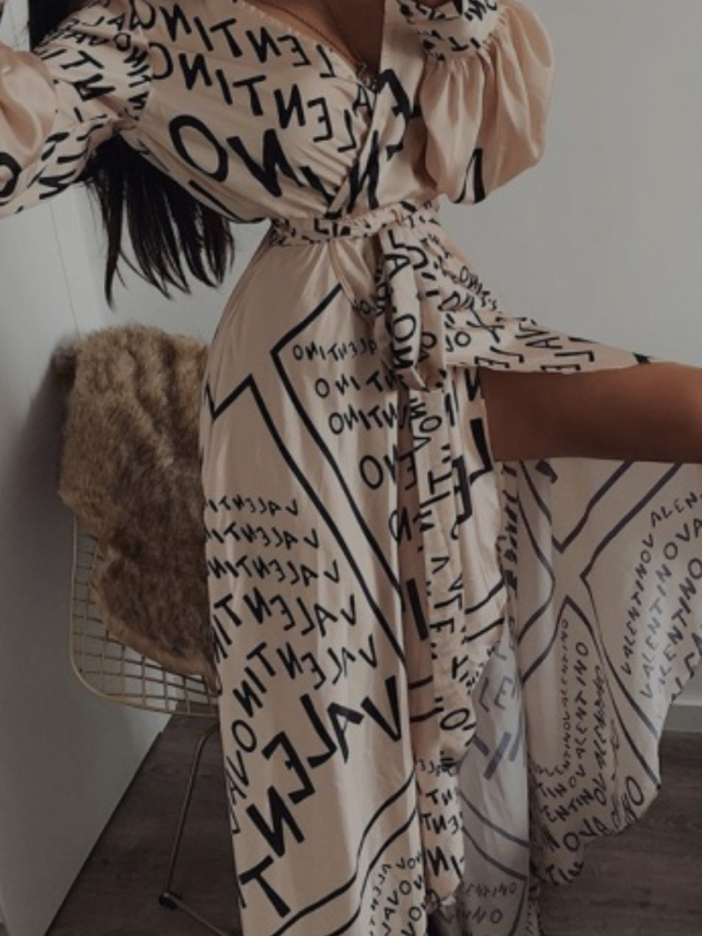 CBR Beige Maxi Dress with Black Script Print and Tie Waist